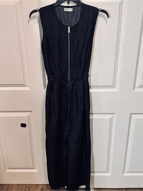 Nine West Sleeveless Dark Indigo Zip-Front Jumpsuit with Tie Waist